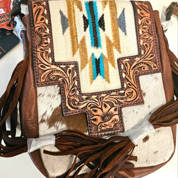🪷 American Darling Genuine Leather & Cowhide Bag With Fringe NWT - Picture 3 of 8